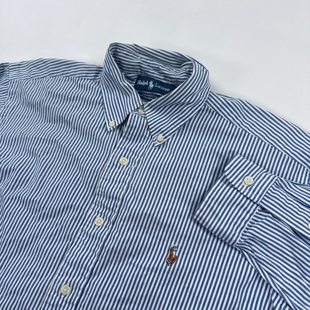 Ralph Lauren Mens Shirt 15.5 33 Blue White Striped Yarmouth Button Down Oxford